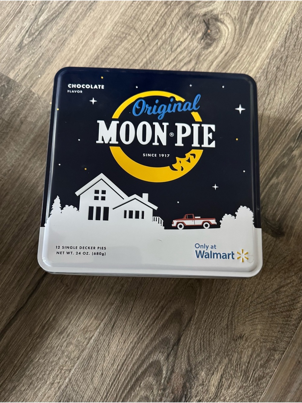 Original Moon Pie Chocolate Flavor Collectible Tin - Navy & Yellow